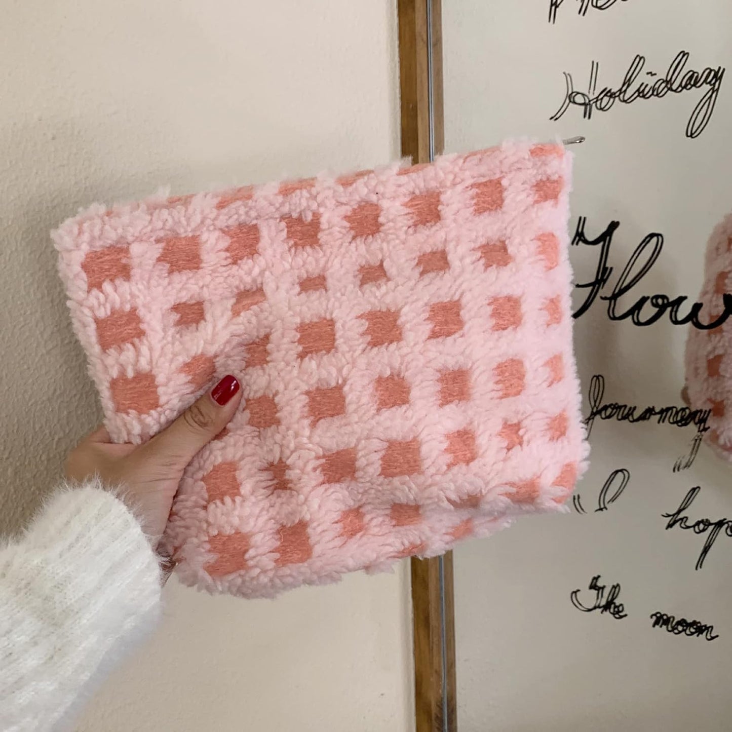 Makeup Bags for Purse Zipper Cosmetic Pouch Large Travel Make Up Organizer Tool Pouch for Women and Girls,Fleece Pink