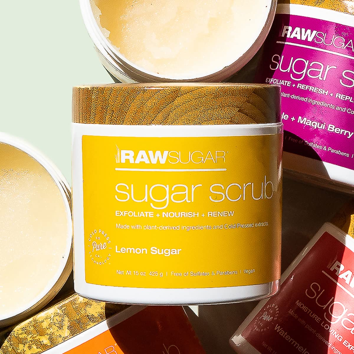 Raw Sugar Lemon Sugar Body Love Bundle - Hydrating,Moisturizing Body Wash, Body Scrub, Body Butter & Lip Balm, Clean, Made with Plant-Derived Ingredients, Formulated without Sulfates and Parabens
