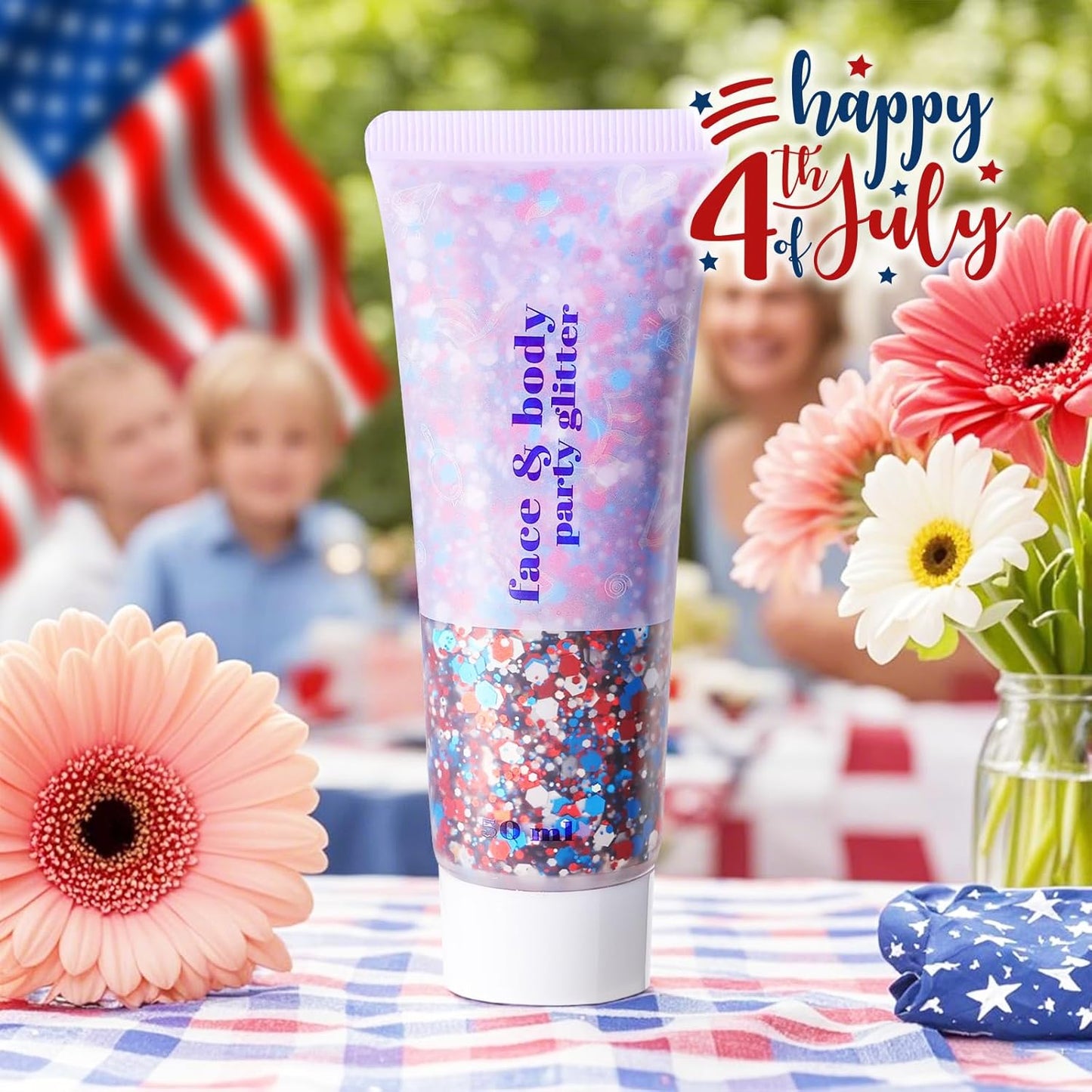 DAGEDA Red White Blue Body Glitter, 4th of July Outfits Accessories for Women, USA Flag Face Glitter Makeup, Fourth of July Patriotic Independence Day Hair Accessories Party Costumes