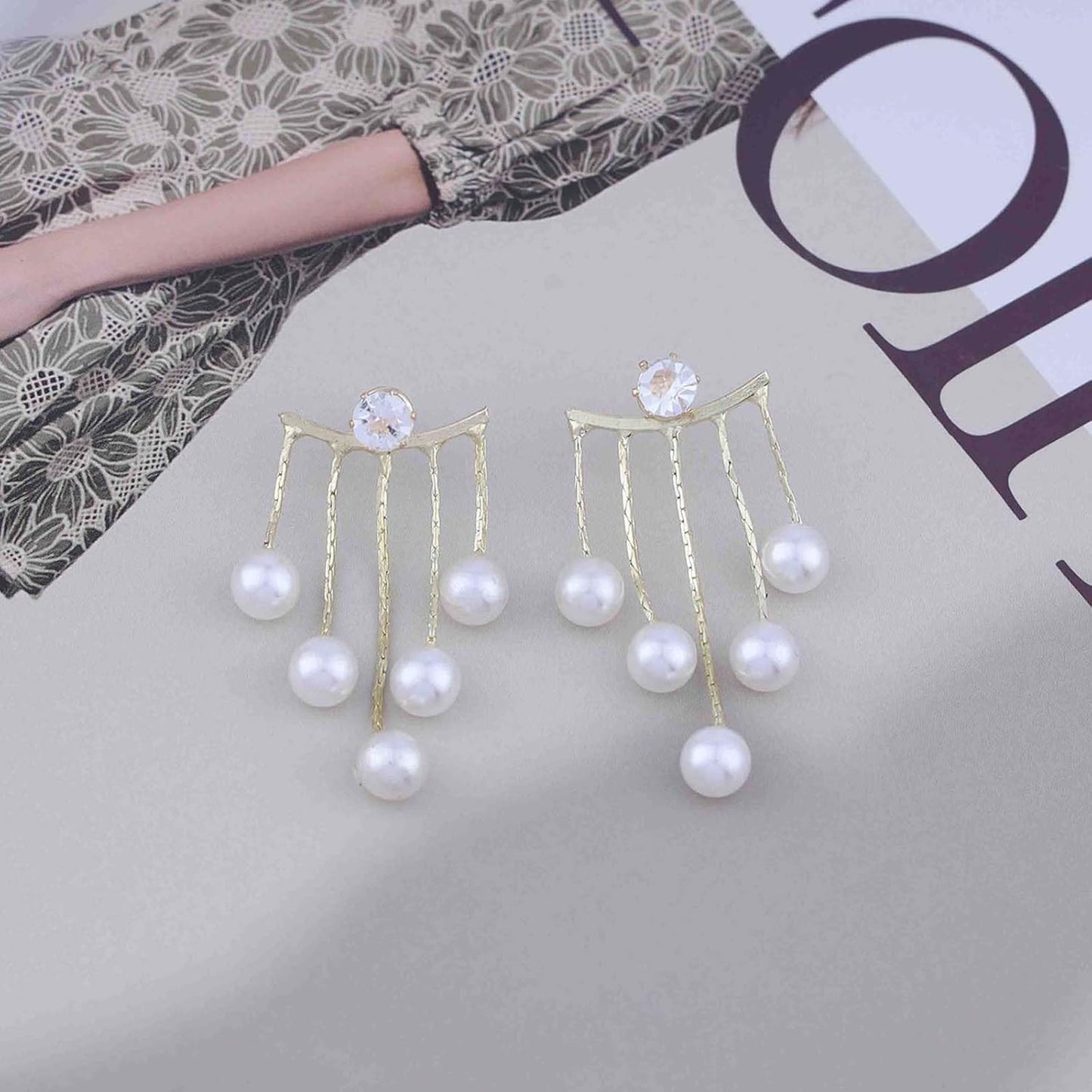 Vintage Crystal Pearl Drop Earrings Long Tassel Pearl Dangle Earrings Gold Cz Pearl Chain Earrings Cz Rhinestone Bridal Earrings Jewelry for Women