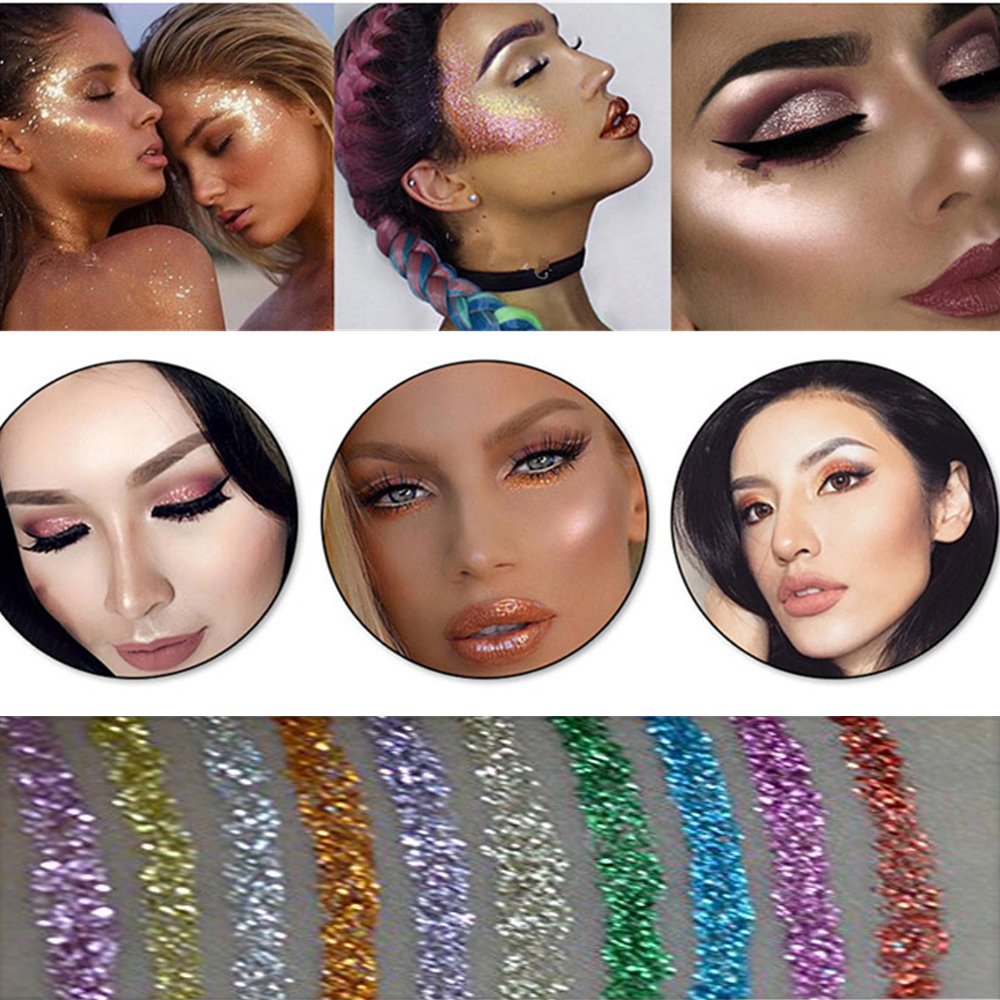 10 Colors Liquid Glitter Eyeliner Metallic Shimmer Glitter Eyeshadow Pigment Eyebrown Shimmer Waterproof Face Lips Art for Party Festival Makeup