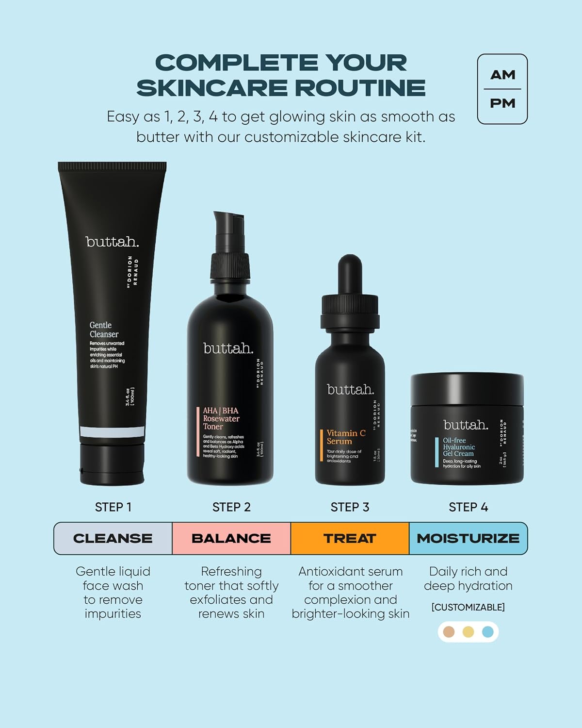 Buttah Skin Supreme Kit for Melanin Rich Skin | Oil-Free Hyaluronic Gel Cream 2 oz | Vitamin C Serum 1 oz | Cleanser 3.4 oz | Rosewater Toner 3.4 oz | Black Owned Skincare