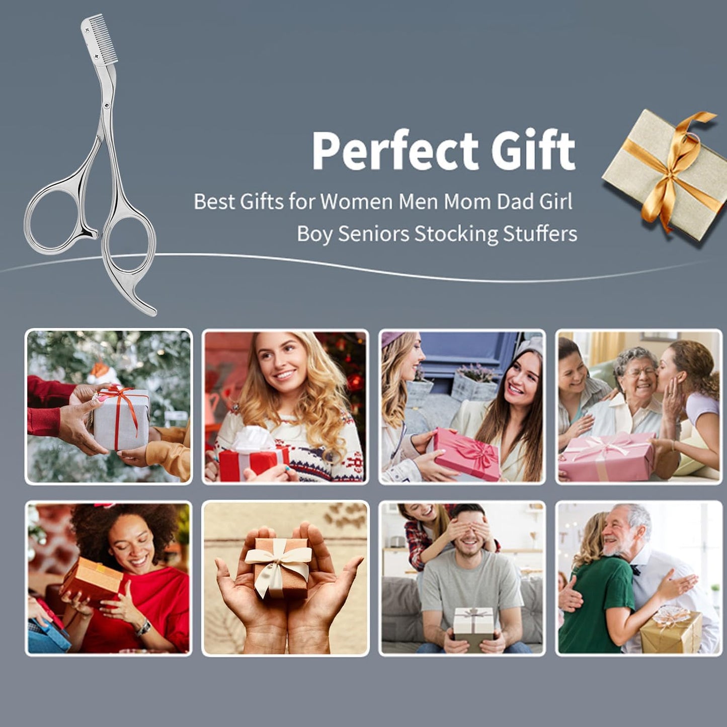 Eyebrow Scissors with Comb, Stainless Steel Facial Grooming Scissors Kit, Professional Precision Eyebrow Trimmer, Perfect For Gifts for Men and Women (Grey)