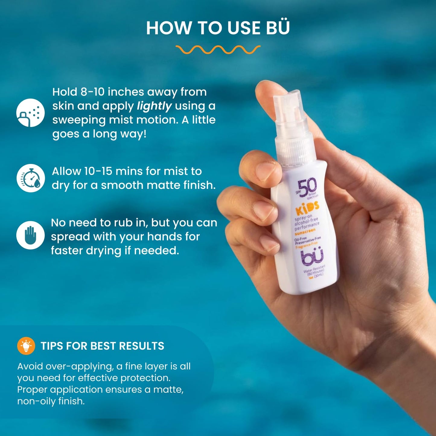 BU SPF 50 Kids Sunscreen Spray for Face and Body, Non Aerosol Spray, TSA Travel Size Sunscreen, Clear, Non Greasy, Water Resistant, Oil Free, Fragrance Free 1 oz