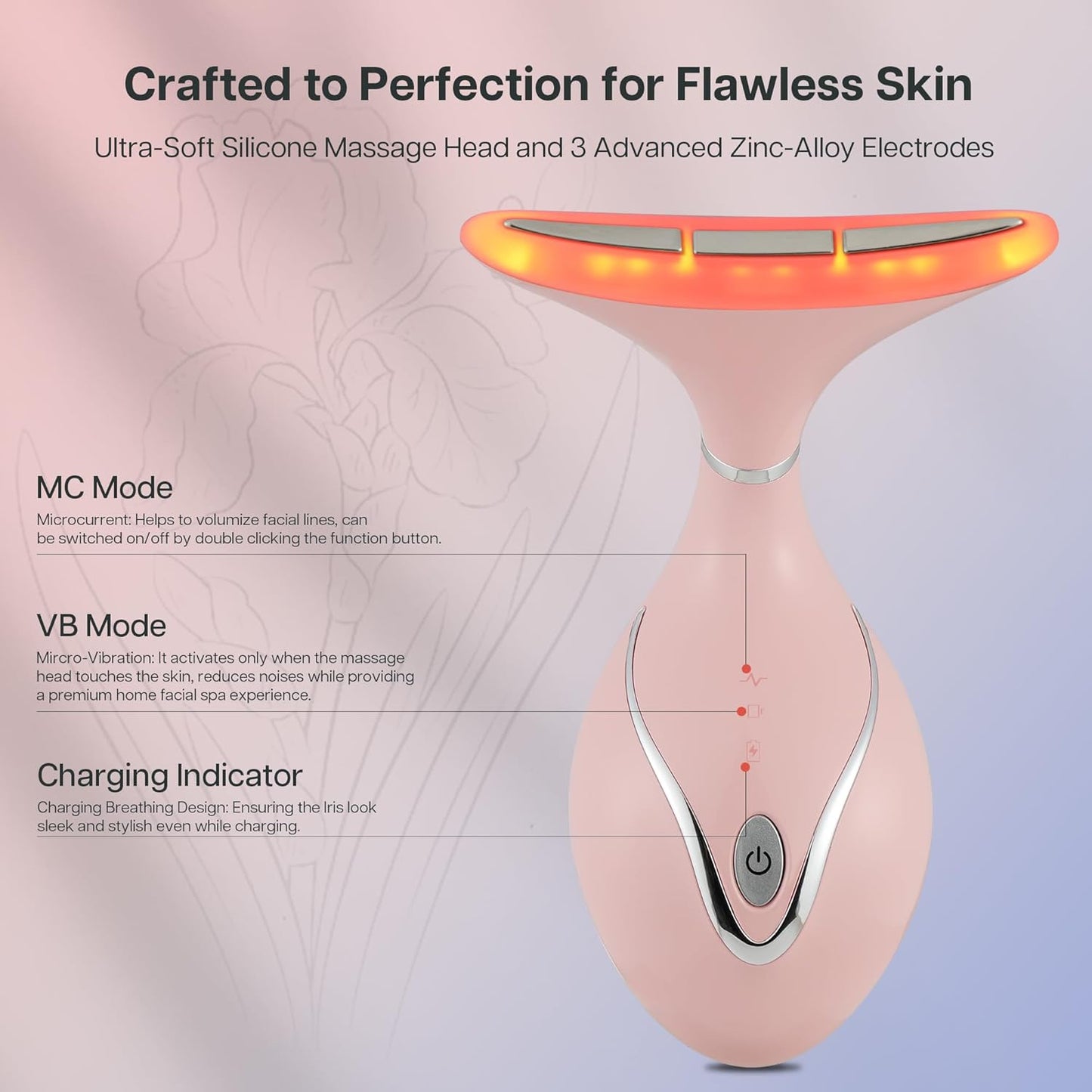 Iris Neck Face Massager, Pro Face Sculpting Tool with Charging Base, All-in-1 Facial Device for Enhanced Absorption, Radiance, Contouring, Elasticity, Home Facial Spa (Pink)