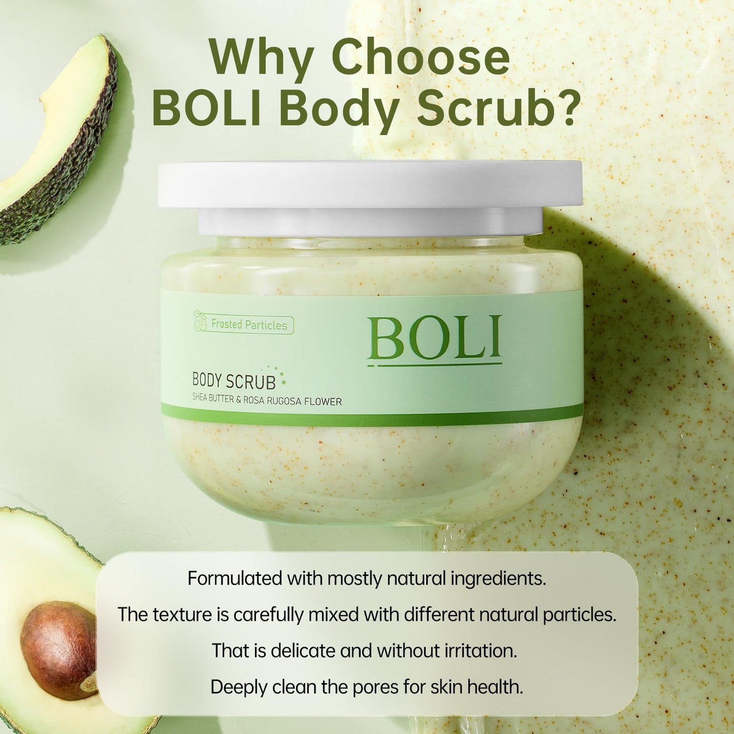 BOLI Shea Butter Body Scrub, Walnut Shell Powder Exfoliating Moisture Scrubber Deep Cleansing Nourishes for Smooth (250g, Shea Butter)