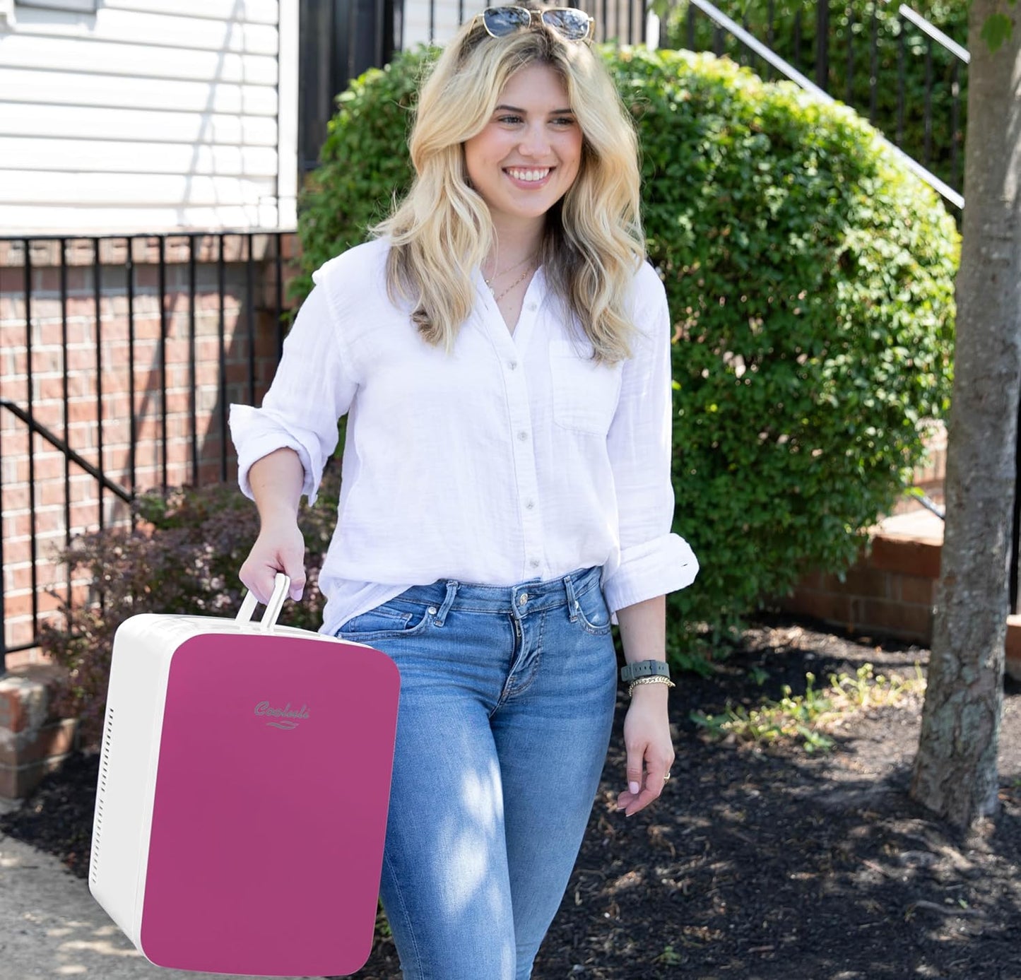 Cooluli 15L Mini Fridge for Bedroom - Car, Office Desk & College Dorm Room - 12v Portable Cooler & Warmer for Food, Drinks, Skincare, Beauty & Makeup - AC/DC Small Refrigerator with Glass Front, Pink