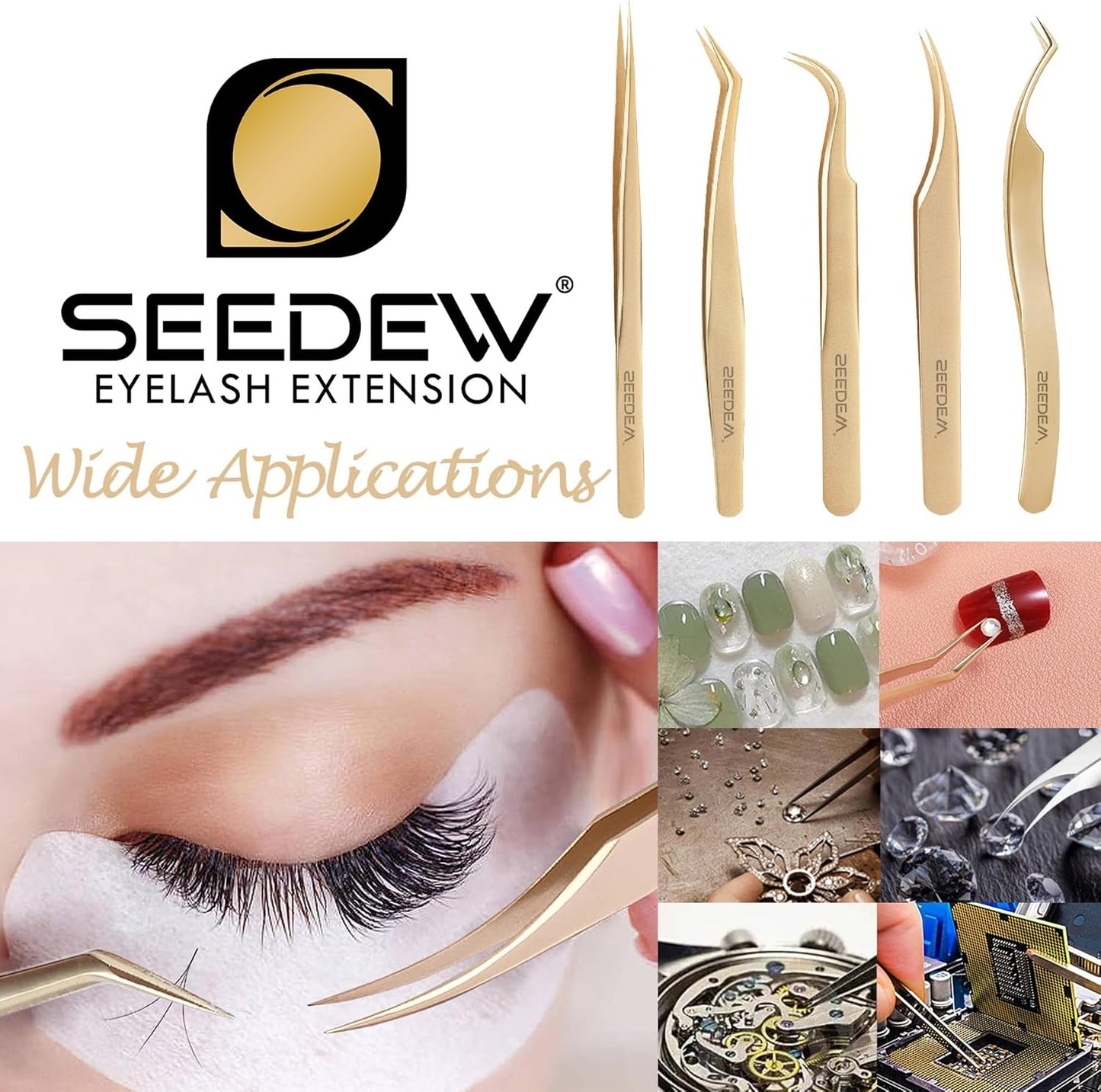 SEEEDEW Tweezer Eyelash Extensions - 1 Pcs Stainless Steel Curved Pointy Precision Tweezer for Lash Tech, Lash Artist Beginner (Golden)