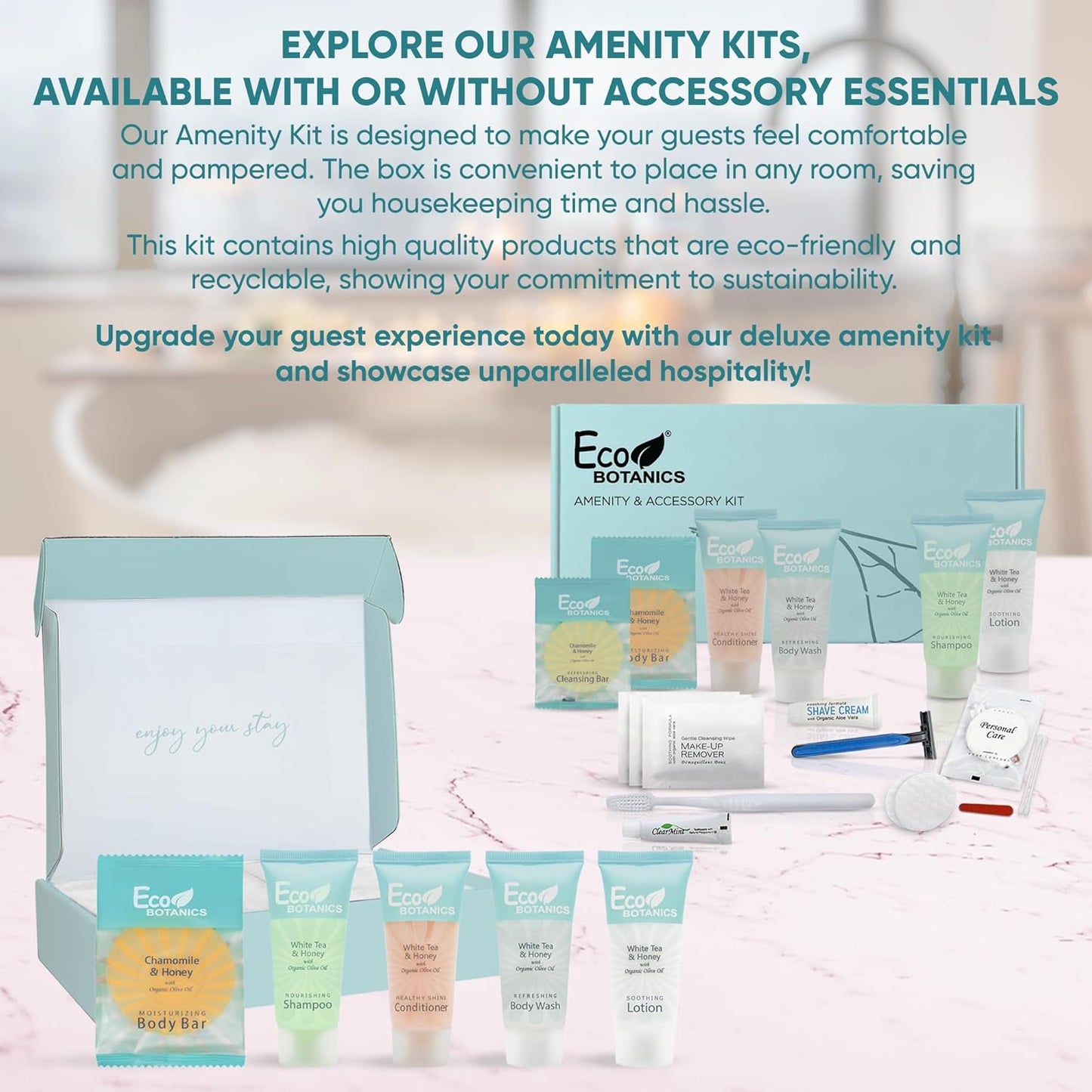 Eco Botanics Amenity & Accessory Kit | 0.85 oz Travel Size Shampoo, Conditioner, Lotion, Body Wash, Soap Bar, Shave & Dental Sets, Make-Up Remover Wipes, & Vanity Kit | 60 sets per case