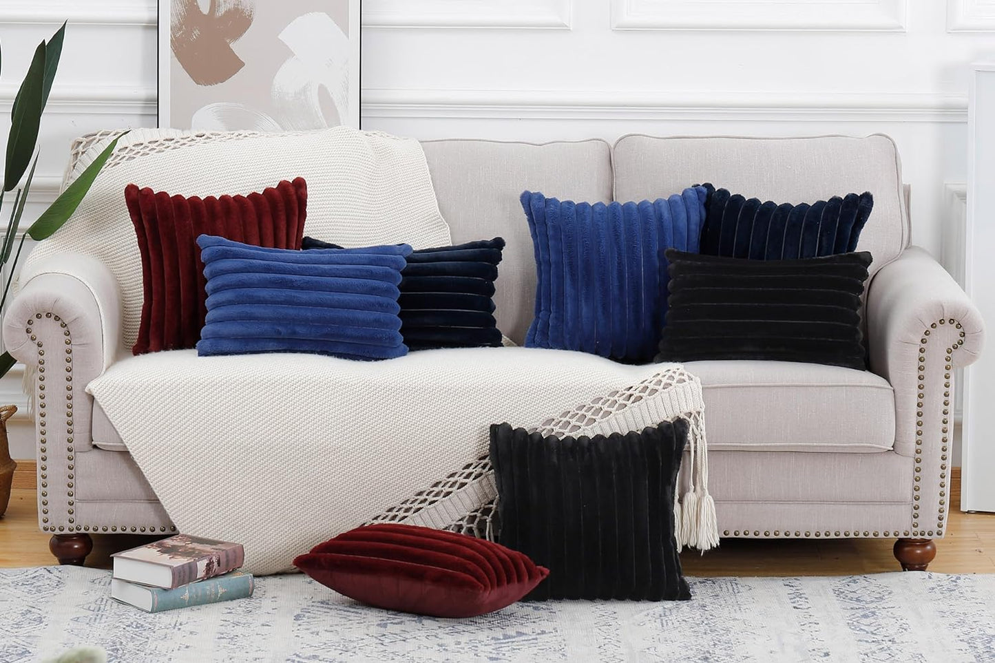 MADIZZ Set of 2 Faux Wool Plush Decorative Throw Pillow Covers 12x20 Inch Blue Fluffy Striped Soft Decorative Cushion Cover for Sofa Bedroom Pillow Shell