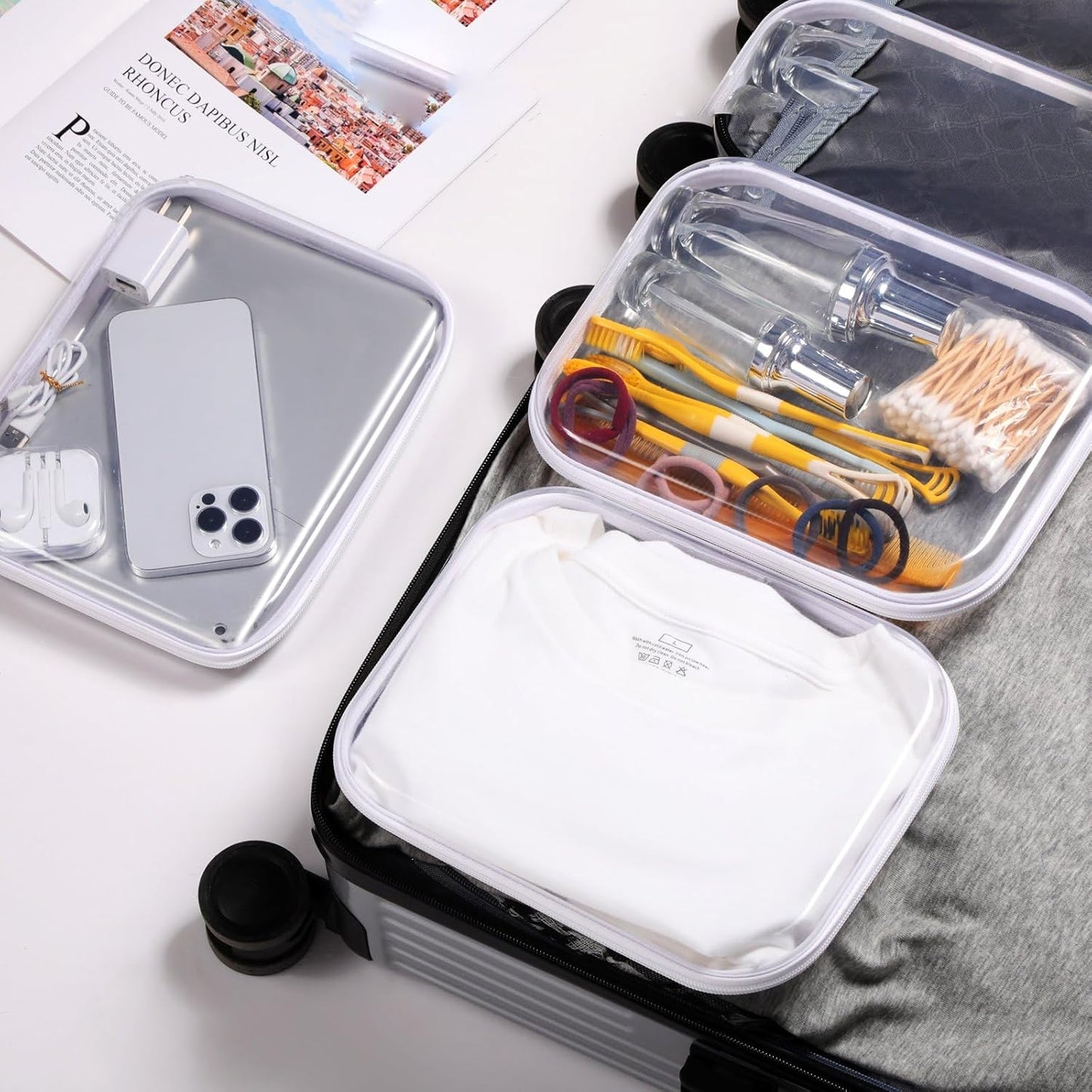 Hoolerry 3 Pcs Clear Hard Zipper Case Plastic Pouch Transparent Hard Case Clear Makeup Bag Portable Travel Organizer Bin for Cosmetics, Building Blocks, Puzzles(White,M)