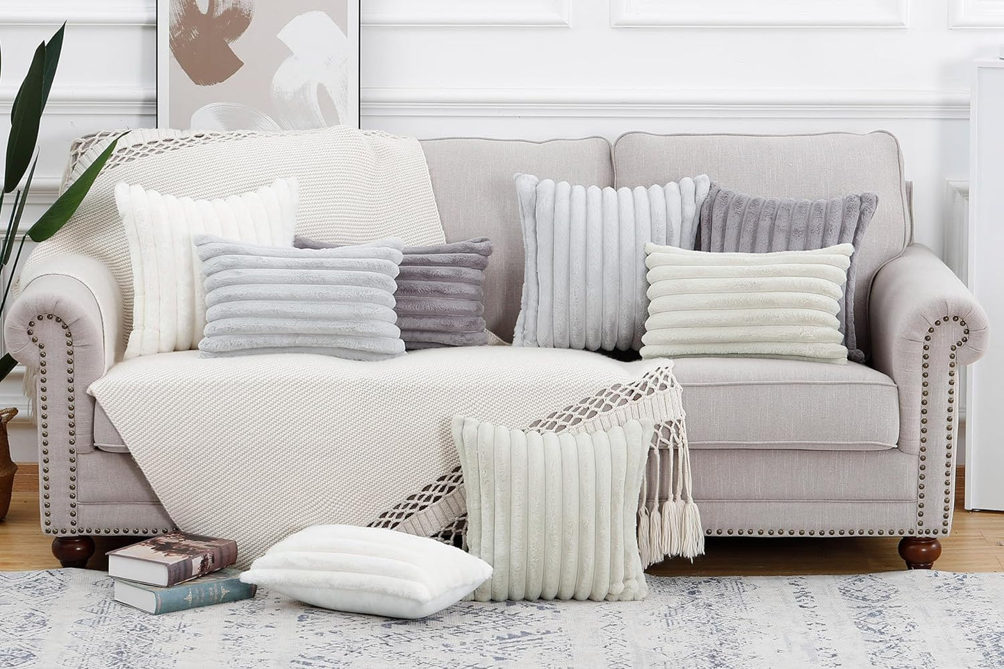 MADIZZ Set of 2 Faux Wool Plush Decorative Throw Pillow Covers 22x22 Inch Grey Fluffy Striped Soft Decorative Cushion Cover for Sofa Bedroom Pillow Shell