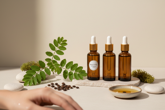 Bakuchiol botanical ingredient from Psoralea corylifolia plant with natural skincare serum bottles