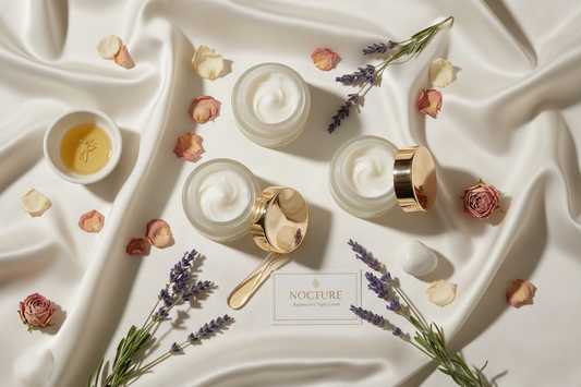 Luxurious night cream jars and botanical skincare ingredients arranged in an elegant flatlay composition for nighttime beauty routine