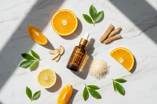 Natural skincare ingredients for fading hyperpigmentation including vitamin C serum, citrus fruits, licorice root, and botanical extracts on marble surface