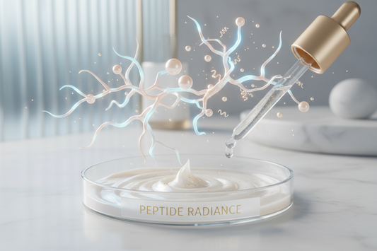 Scientific visualization of peptide molecules in luxury skincare serum showing molecular structures for anti-aging benefits