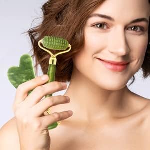 100% Real Crystal Jade Stone Roller and Gua Sha Set with Vitamin C Serum | Great for Eye Puffiness Treatment, Skin Tightening, Anti Aging, Rejuvenate Face & Neck | Great Gift for Women & Men (Green)