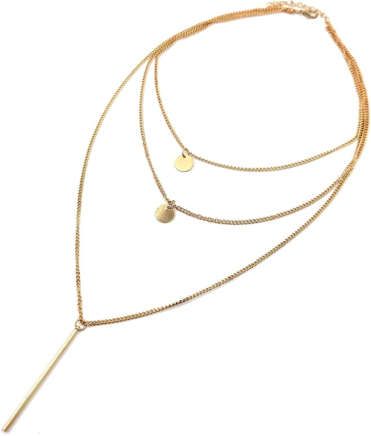 Boho Layered Coin Bar Necklace Gold Disc Pendant Necklace Chain Multi Layer Vintage Necklace Jewelry for Women and Teen Girls
