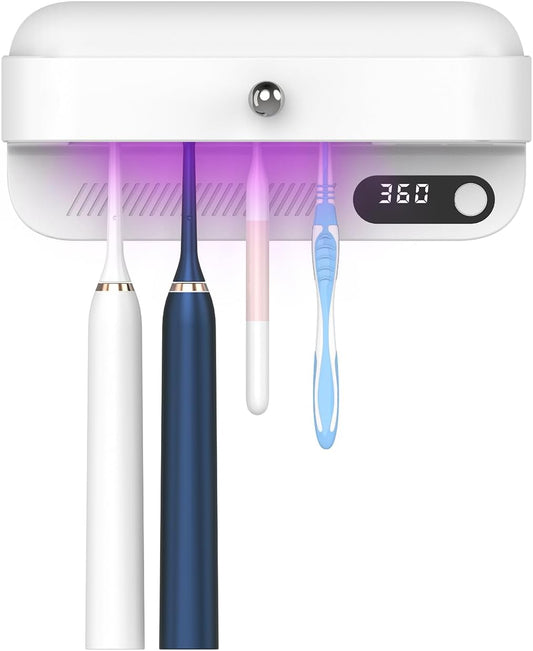 UV Toothbrush Sanitizer and Holder, Wall-Mounted Electric Toothbrush Cleaner with Air Drying & Countdown Timer, Long Battery Life, USB Rechargeable, 4 Slots Bathroom Toothbrush Holders
