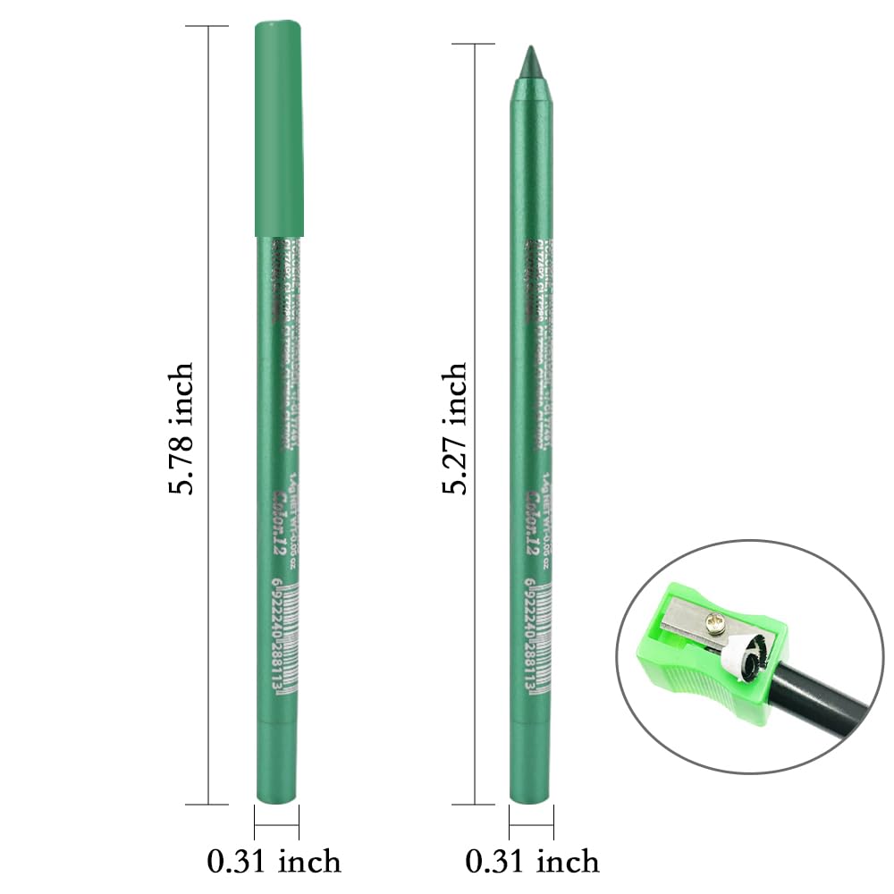 Kaely Gel Eyeliner Pencil for Women, Pearl Green Eye Liner Waterproof Smudge Proof with Sharpener, Waterline Eye Makeup Liners, delineador de ojos contra el agua, Vegan & Cruelty-Free, 12
