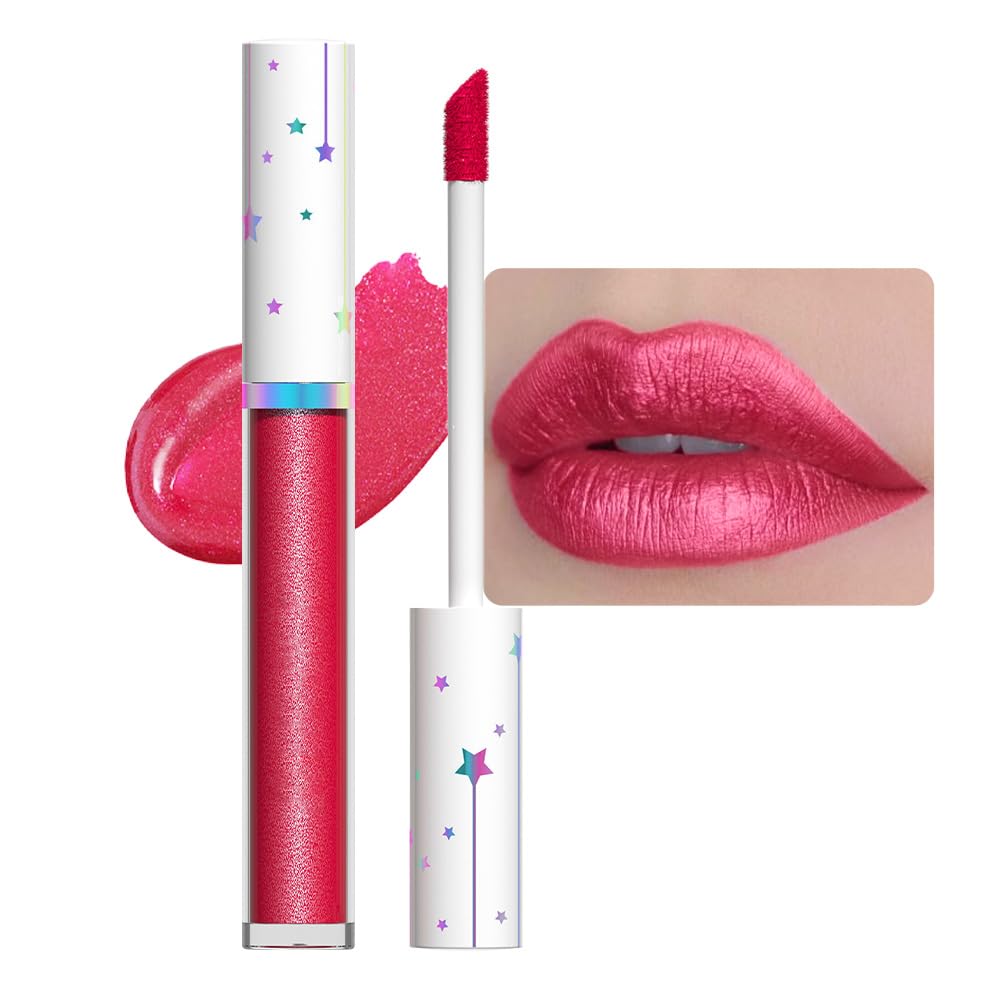 evpct 1Pcs Ruby Rose Red Glitter Metallic Lip Gloss Stain Lipstick for Women Long Lasting Waterproof 24, Sexy Red Frosted Metallic Shimmer Chrome iridescent Liquid Lipstick Lip Gloss Makeup, 07#