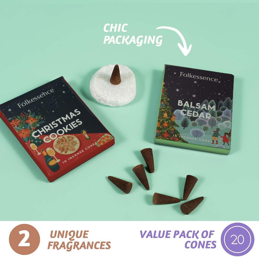 Folkulture Incense Cones | 20 Pc Incense Cone Scented | 2 Fragrance Cone-Insenses - Christmas Cookie & Balsam Cedar | Natural, Non Toxic | Christmas Inscents-Cones | Relaxing, Meditation