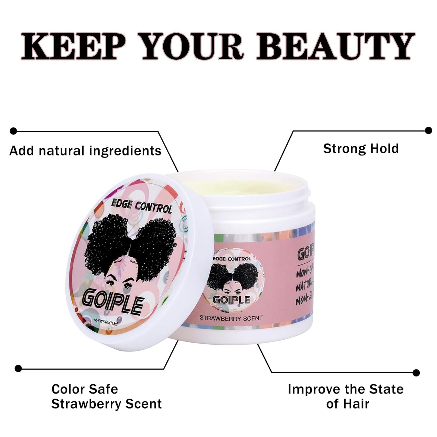 Edge Control Wax, Hair Styling Product, Strong Hold Non-greasy Edge Control Gel, Edge Wax, Rosemary Oil for Hair Growth, for Black Hair, Includes Edge Brush, 4 oz