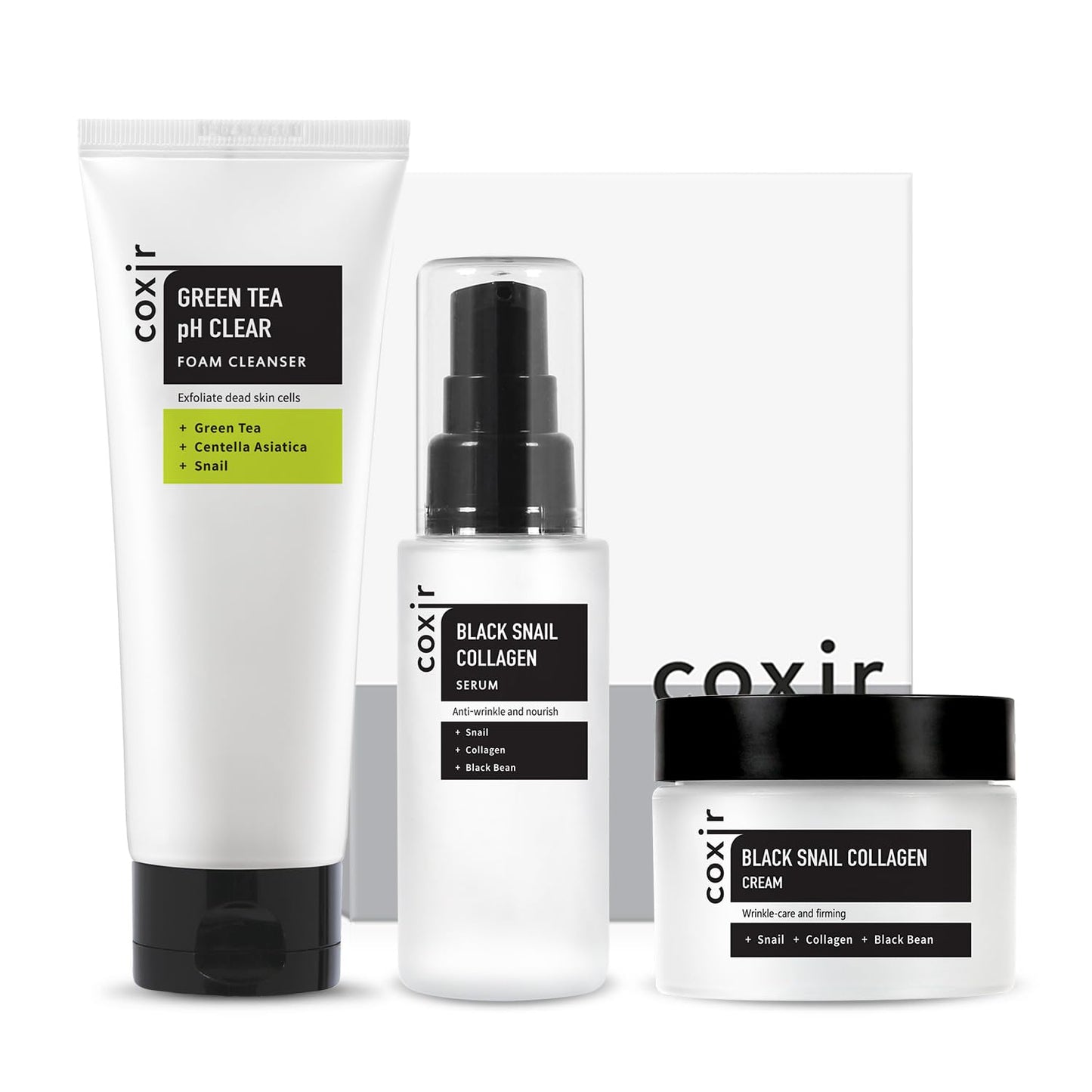 coxir BLACK SNAIL GIFT SET /Gift Set Birthday present /Foam Cleanser+Serum+Cream/Black Rice, Bean, Sesame, Snail Mucin, Collagen, Peptide l Repairing&Firming l Korean Skin Care