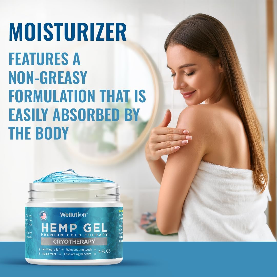 WELLUTION Cryotherapy Hemp Gel – Gentle Cooling Sensation with Menthol & Arnica – Non-Greasy, Quick-Absorbing Formula – Lightweight Gel for Comfort & Refreshing Feel – 4oz