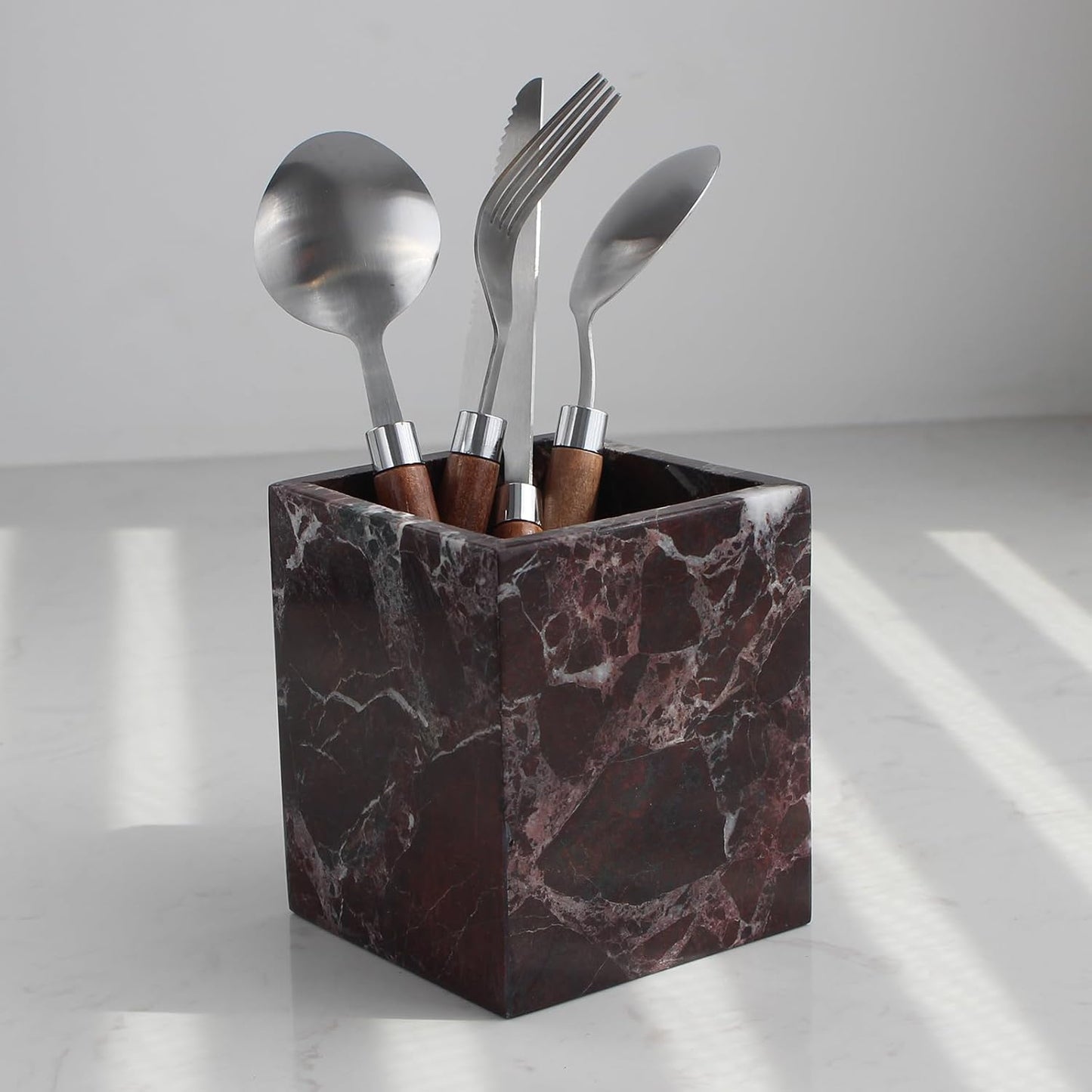 Natural Rosso Levanto Marble Square Storage Container for Toothbrush/Makeup Brush/Pens, Countertop Organizer Bathroom