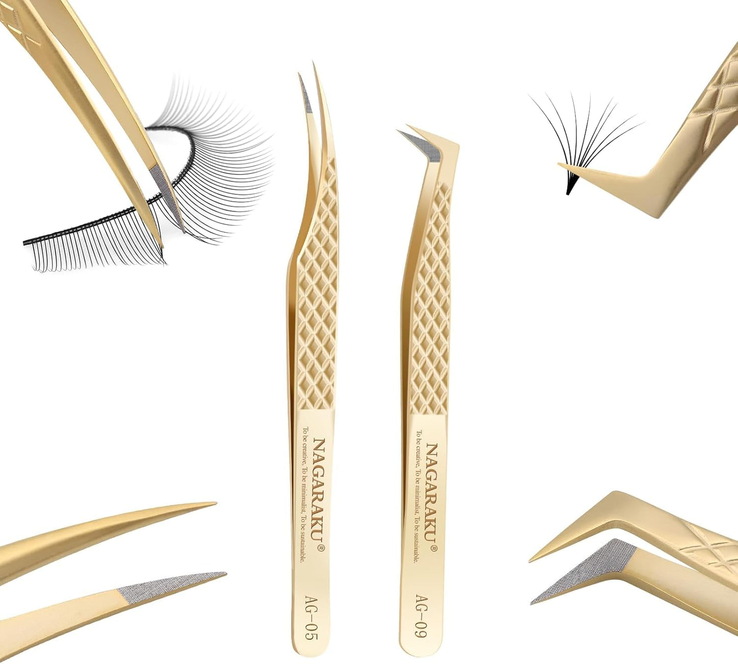 NAGARAKU Eyelash Tweezers, 1 Pair Precision Fiber Tip Tweezer for Lash Extensions Volume Grip Tweezers Antistatic Straight Curved Tip Stainless Steel with Box -Dolphin & L Typ Tweezers AG-05 & AG-09