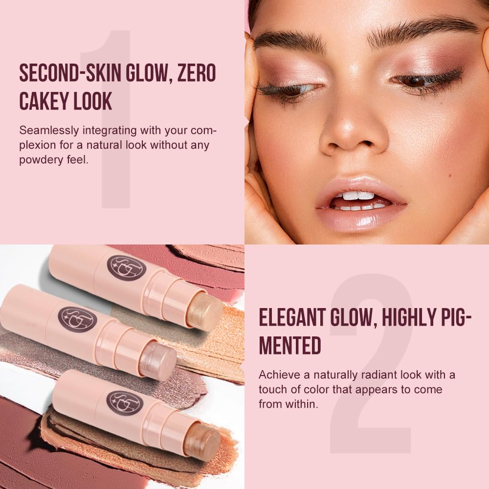 Multi-Use Waterproof Highlighter Stick with Brush – Unidollss 3-in-1 Cream Contour, Bronzer & Blush Stick for Cheeks, Eyes & Lips, Long-Lasting Glow, Easy Application(10 FIRST DATE)