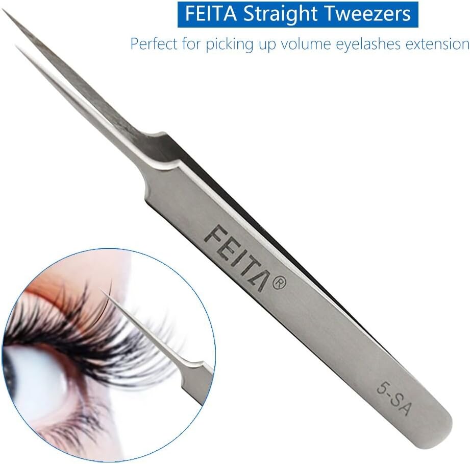 FEITA Precision Eyelash Extension Tweezers Set - Professional Straight & Curved Pointed Very Fine Tip Tweezers for Lash Extensions - Silver - 2Pcs