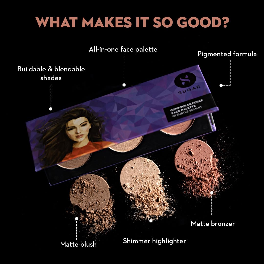 Sugar Cosmetics Contour De Force Face Palette01 Subtle SummitLonglasting formula, Lightweight Blush, Highlighter and Bronzer, Paraben free.
