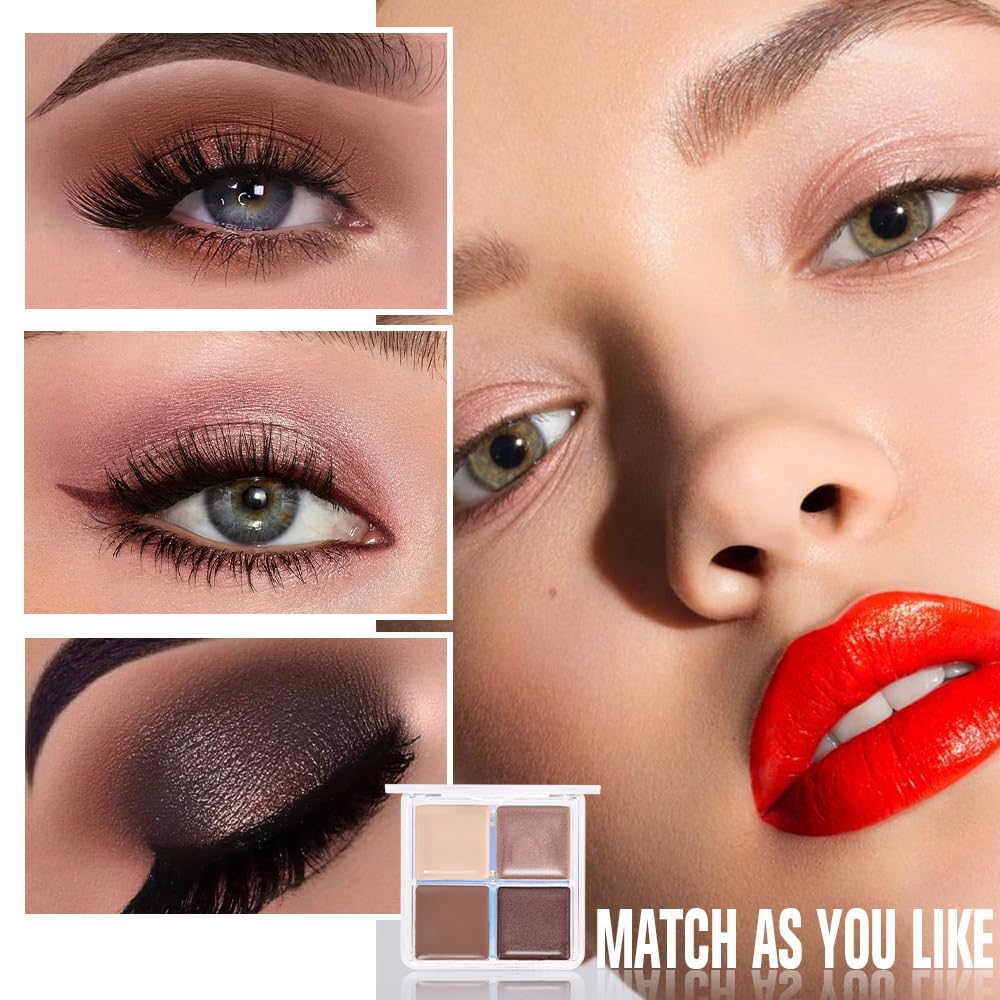 Cream Eyeshadow Quad, Nude Brown Matte Shimmer Eyeshadow Palette Makeup, Neutral Eye Shadow Palette for Older Women Pigmented Waterproof, sombras para ojos, 03