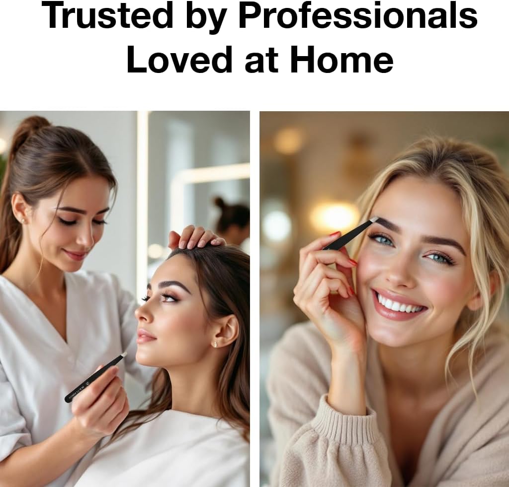 Slant Tip Precision Tweezers - Stainless Steel Eyebrow Tweezers for Women & Men - Precision Tweezers for Facial Hair, Ingrown Hair & Brow Shaping - Professional Beauty Tool (Matte Black)