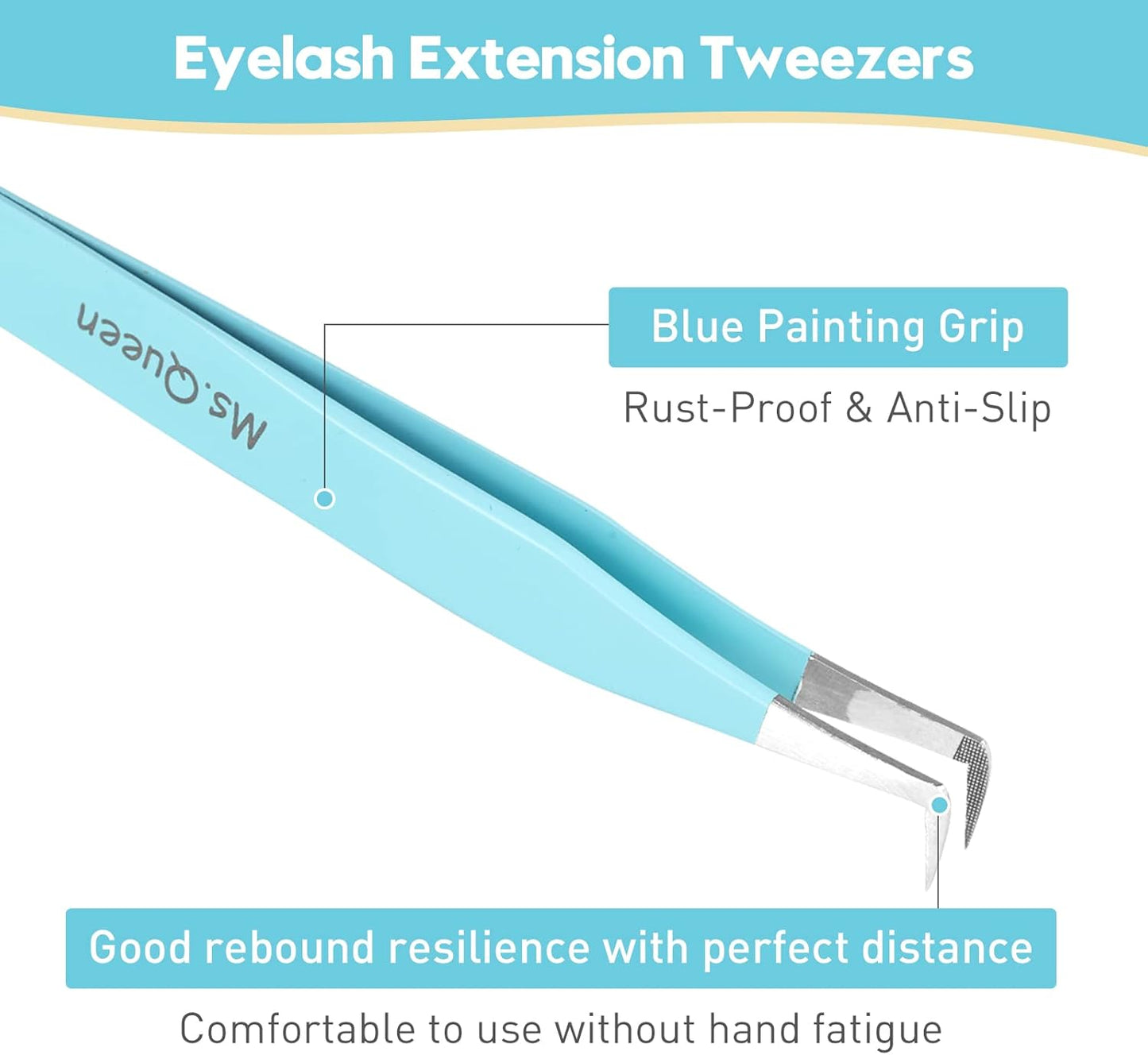 Ms.Queen Volume Tweezers For Eyelash Extensions, Fiber Tip Grip Lash Tweezers L-Shape Boot Mega Volume Mink Lashes Tweezers, Blue