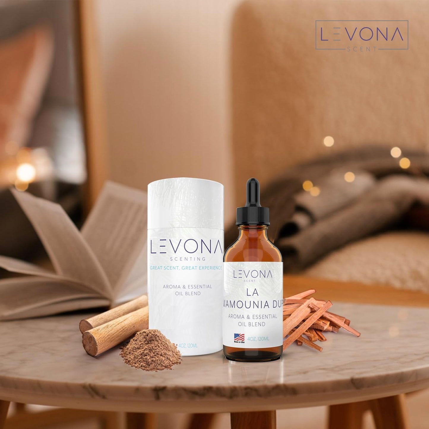 Levona Scent Essential Oils - Scents for Home, Hotel & Office Use - Perfect for Home Diffuser & Humidifiers - Aroma Fragrance Oil, Ideal for Massage, Relaxation, and Spa - La Mamounia Dup, 120ml