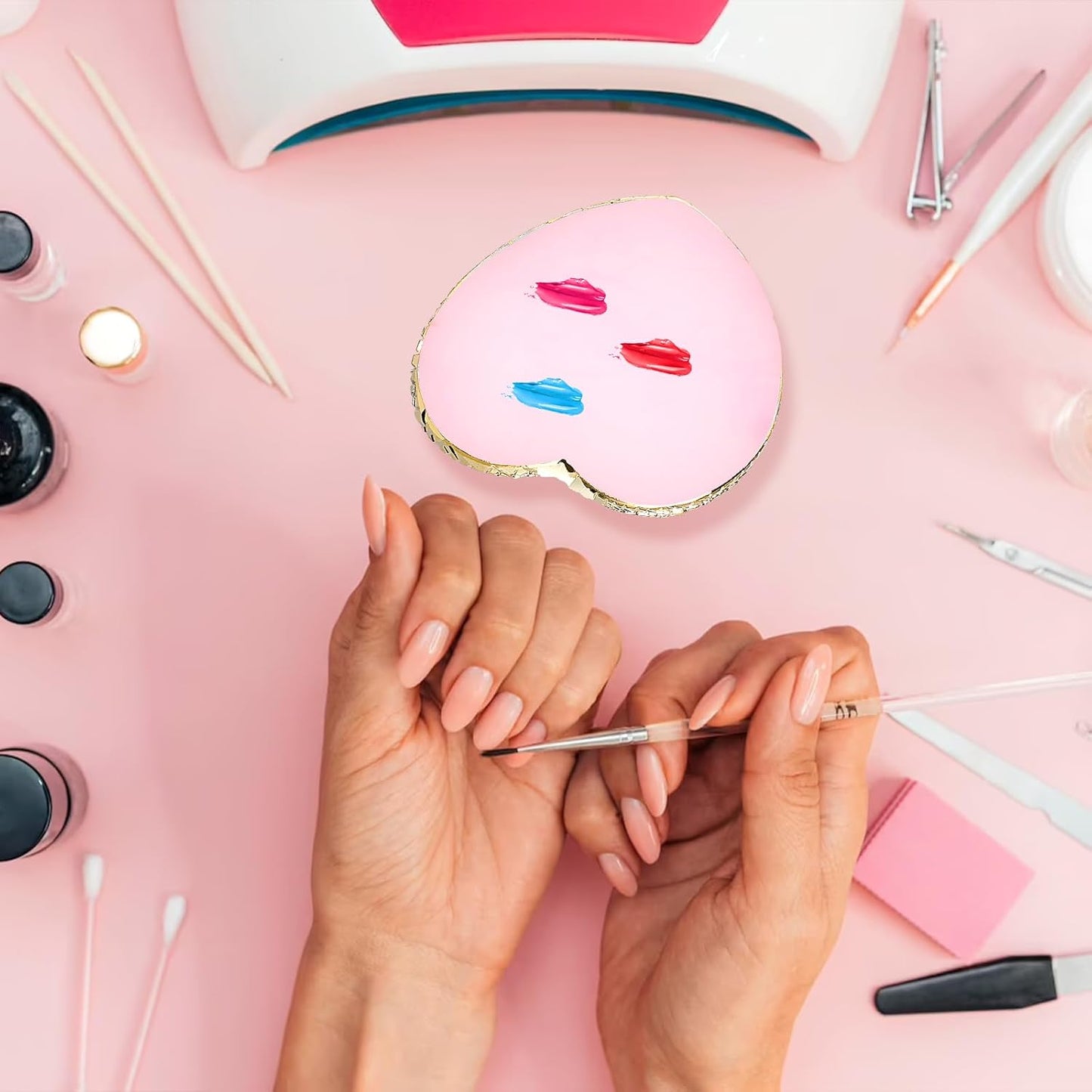 Resin Nail Art Palette Nail Mixing Palette Nail Art Painting Mixed Color Palettes Gold Edge Nail Holder Display Board Cosmetic Mixing Tools (Pink)