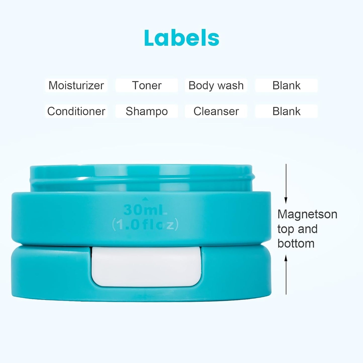 Gemice Travel Containers for Toiletries, Magnetic Travel Containers, TSA Approved Cream Jars with Toiletry Bag, Leak-proof Small 1oz Capsules Set with Multiple Labels for Organization (4 Pack)