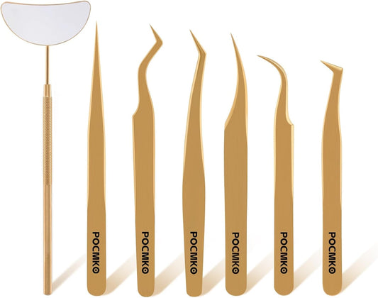 Lash Tweezers for Eyelash Extensions, Professional Eyelash Tweezer Set, Lash Extension Tweezer Kit (Set of 7, Gold)