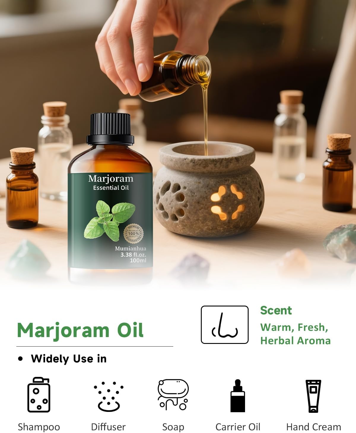 Mumianhua Marjoram Essential Oil 100% Pure Therapeutic Grade Natural Marjoram Oil for Diffuser, Post-Workout Massage Humidifier & Air Purifier | Herbal Essence for Skin Care, DIY Blends 3.38 Fl Oz