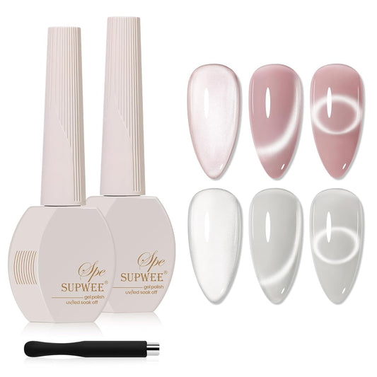 2PCS 15ML Cat Eye Gel Nail Polish,Sliver Pink Glass Cat Eye Gel Polish Clear Glassy Shimmer Glitter Effect with Magnetic Stick Soak Off Salon DIY at Home