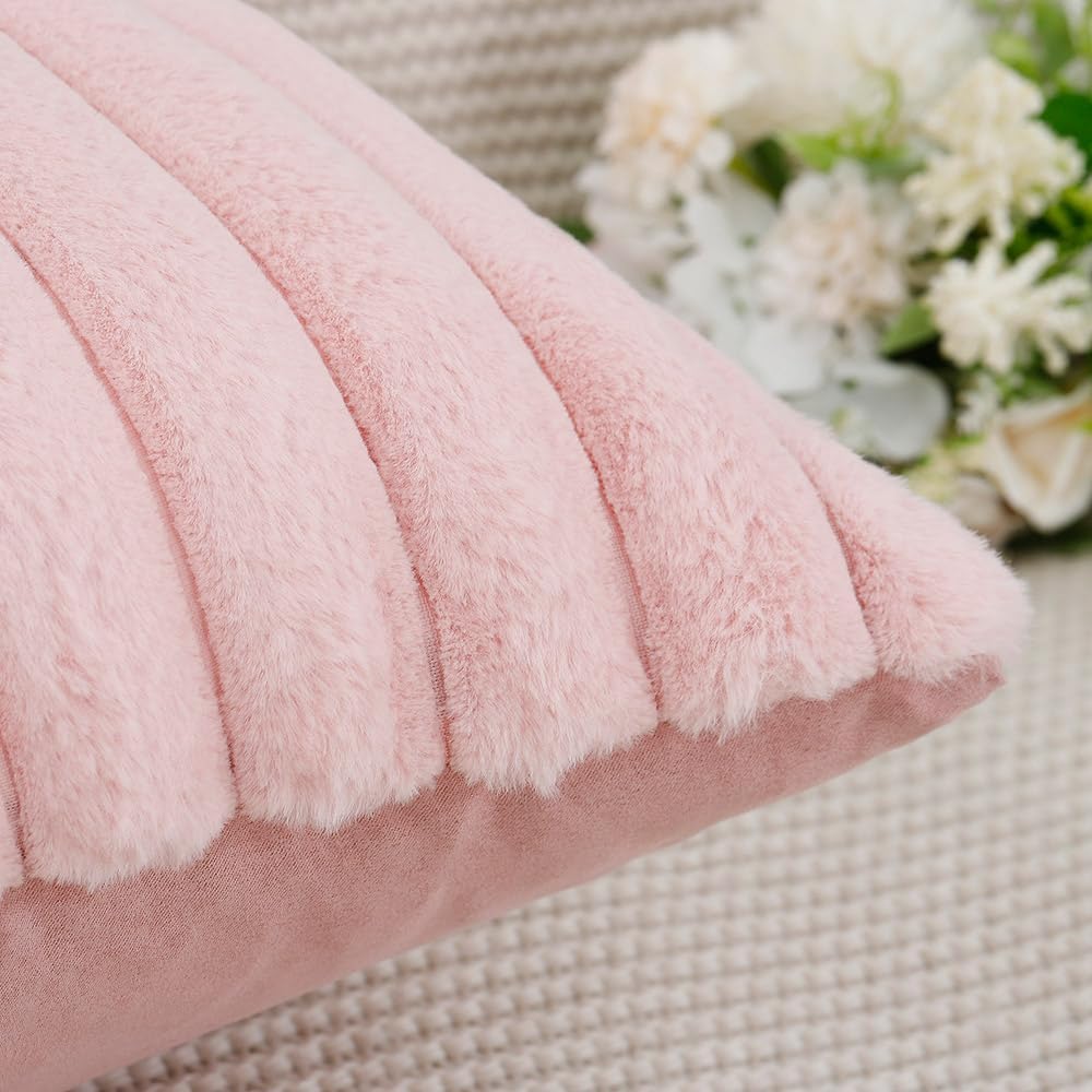 MADIZZ Set of 2 Faux Wool Plush Decorative Throw Pillow Covers 22x22 Inch Pink Fluffy Striped Soft Decorative Cushion Cover for Sofa Bedroom Pillow Shell