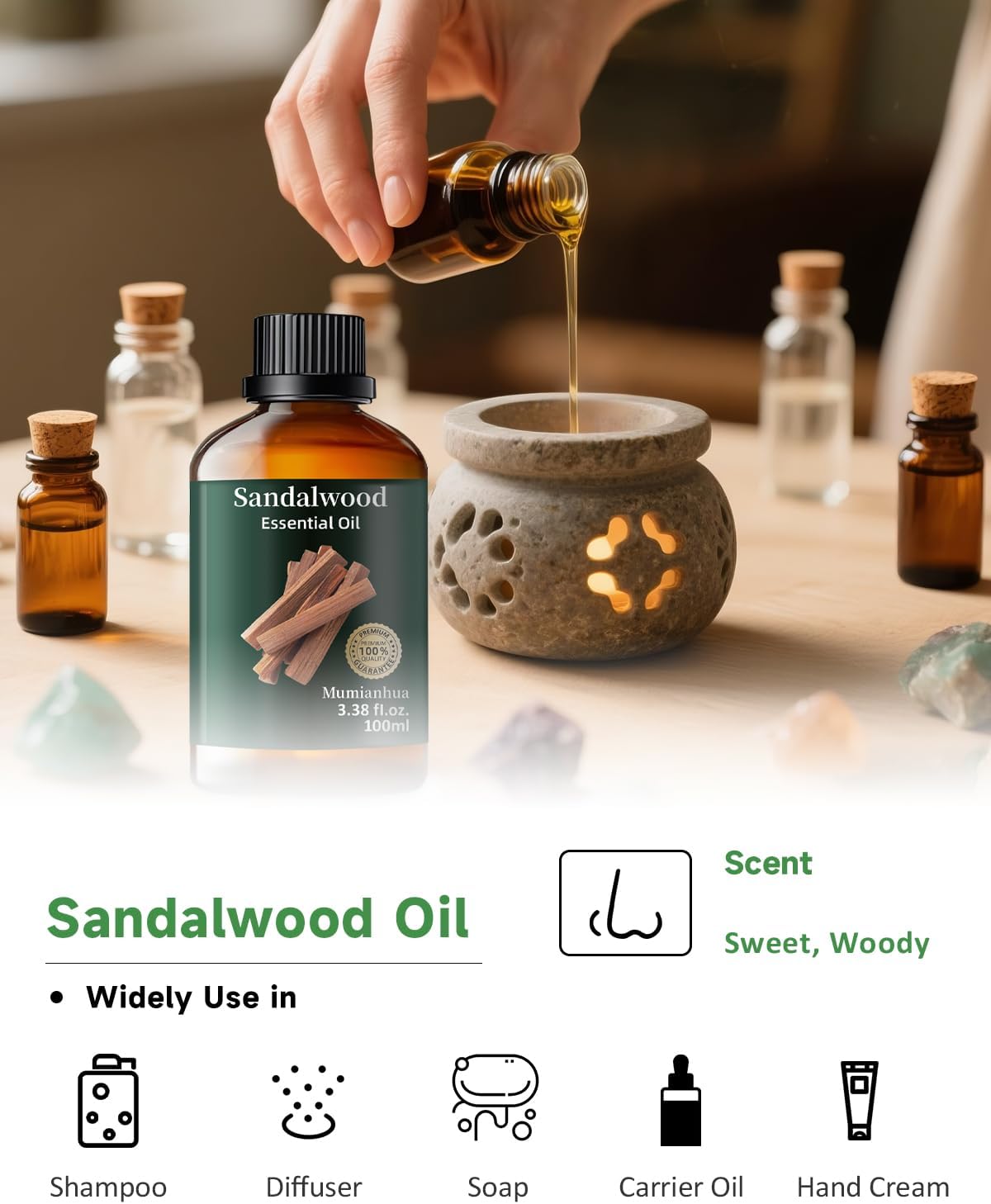 Sandalwood Essential Oil Pure，Mumianhua Natural Sandalwood Oil Undiluted Therapeutic Grade Aromatherapy Oil for Diffuser, Skin, Hair, Massage, Candle & Soap Making 3.38 Fl Oz