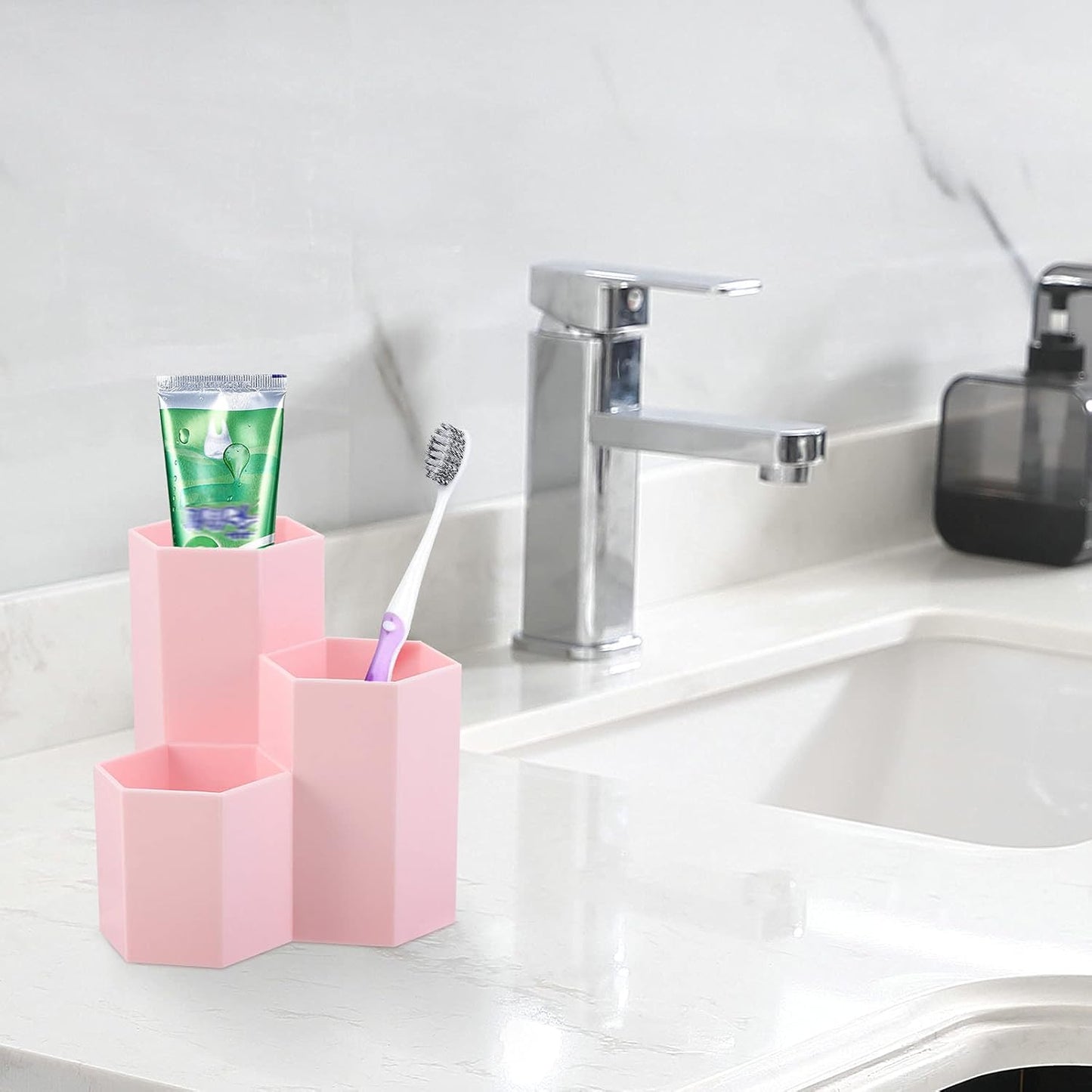 LoveBB Makeup Brush Holder Organizer, 3 Slot Plastic Cosmetics Brushes Pen Storage Solution, Pink