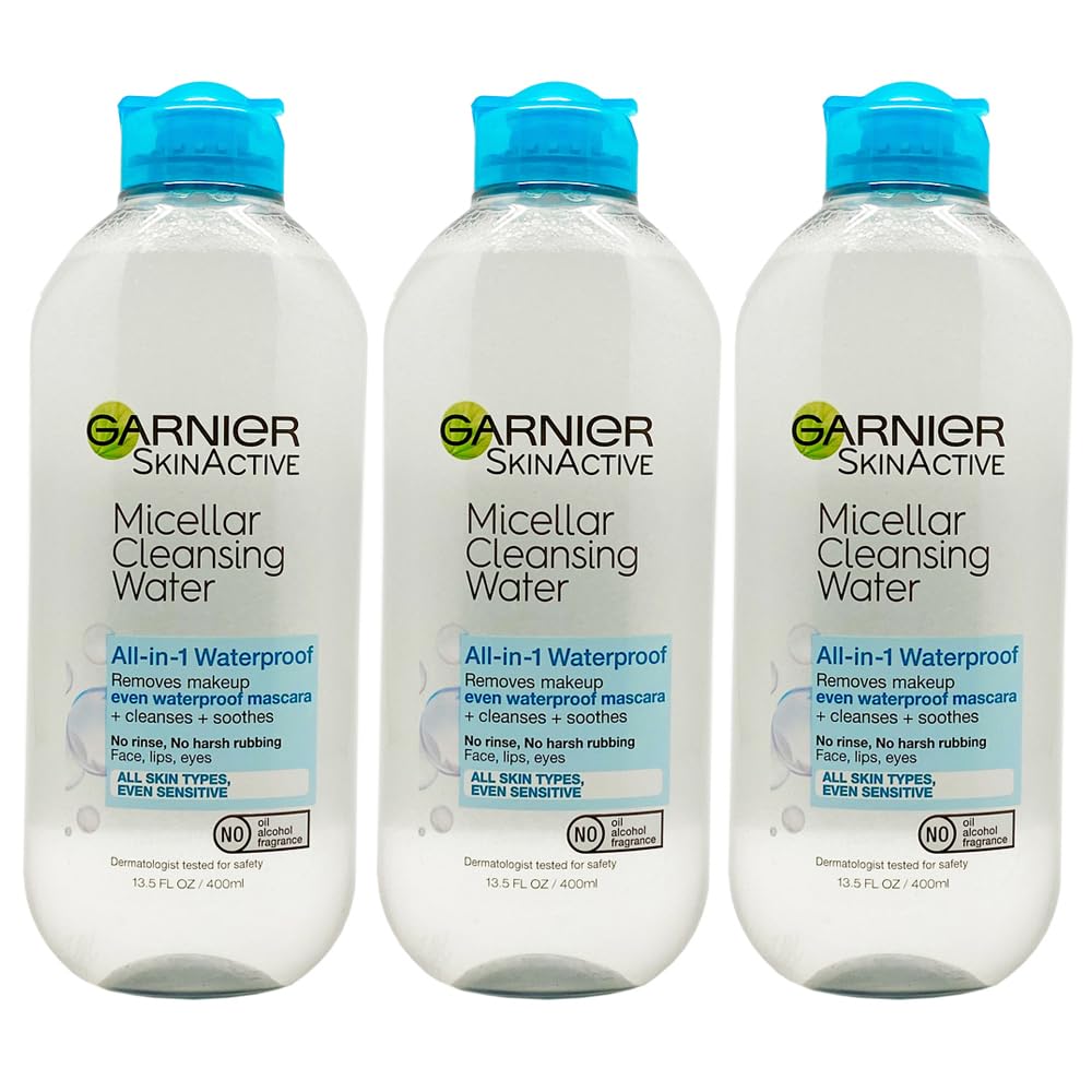 Garnier Skin Active Cleansing Water All in 1 Makeup Remover and Facial Cleanser 13.5 Pack, Micellar Waterproof, 40.5 Fl Oz, Pack of 3