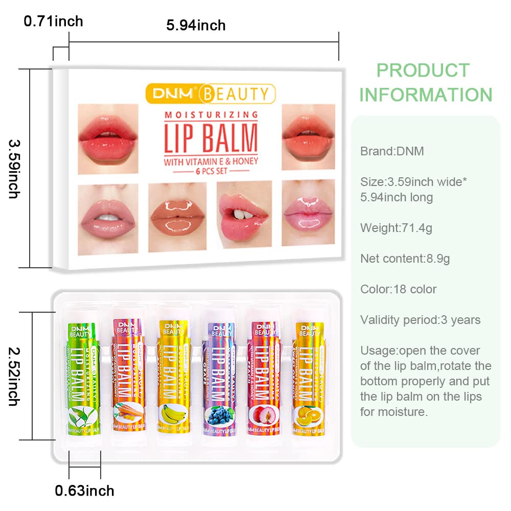 evpct 6Pcs Classic Fruit Flavour Flavored Lip Balm Set for Lip Care Chafed Chapped Cracked Lips, Natural Vitamin E & Honey Green Tea Carrot Banana Grape Peach Orange Moisturizing Mens Kids Lip Balm 3