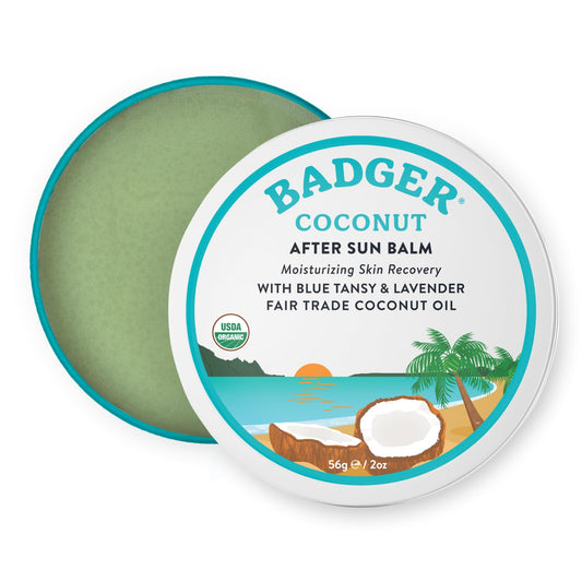 Badger Coconut AfterSun Balm, 100% Organic Soothing Sunburn Relief, Great Smelling, Moisturizing & Hydrating After Sun Skin Care, 2 oz Tin