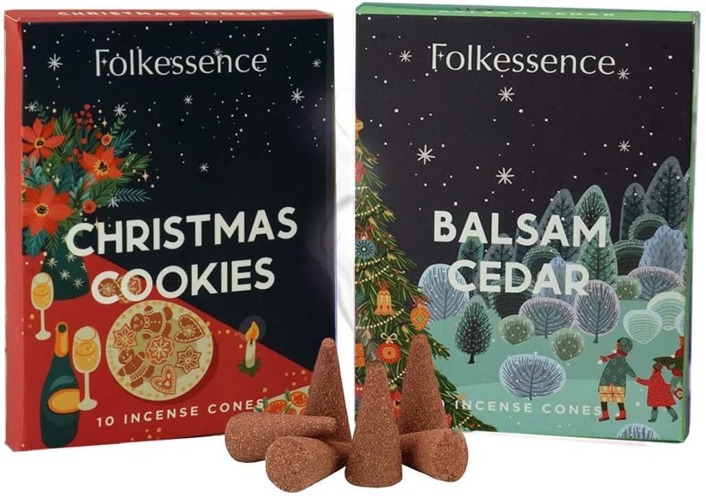 Folkulture Incense Cones | 20 Pc Incense Cone Scented | 2 Fragrance Cone-Insenses - Christmas Cookie & Balsam Cedar | Natural, Non Toxic | Christmas Inscents-Cones | Relaxing, Meditation